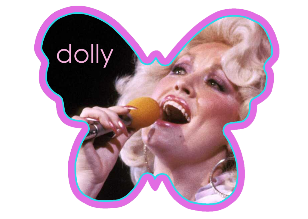 An image of Dolly Parton inside the image of a butterfly